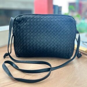 Vintage Black Woven Genuine Leather Fully Adjustable Crossbody Bag by Ganson